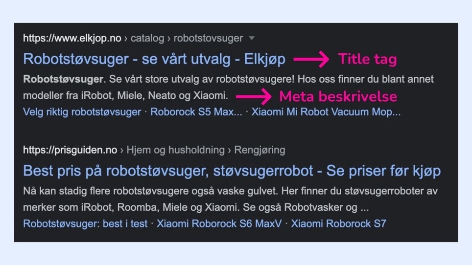 eksempel på title tag og meta beskrivelse - SEO/søkemotoroptimalisering